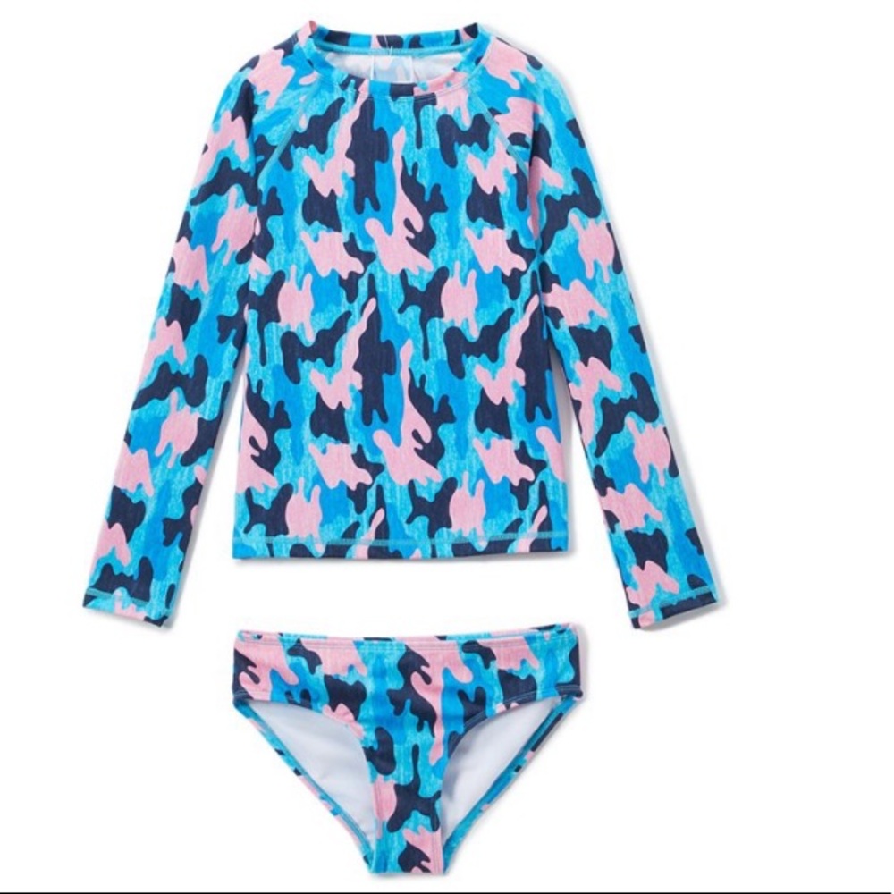 Navy Erin Camo long sleeves Rashguard Swimsuit Set